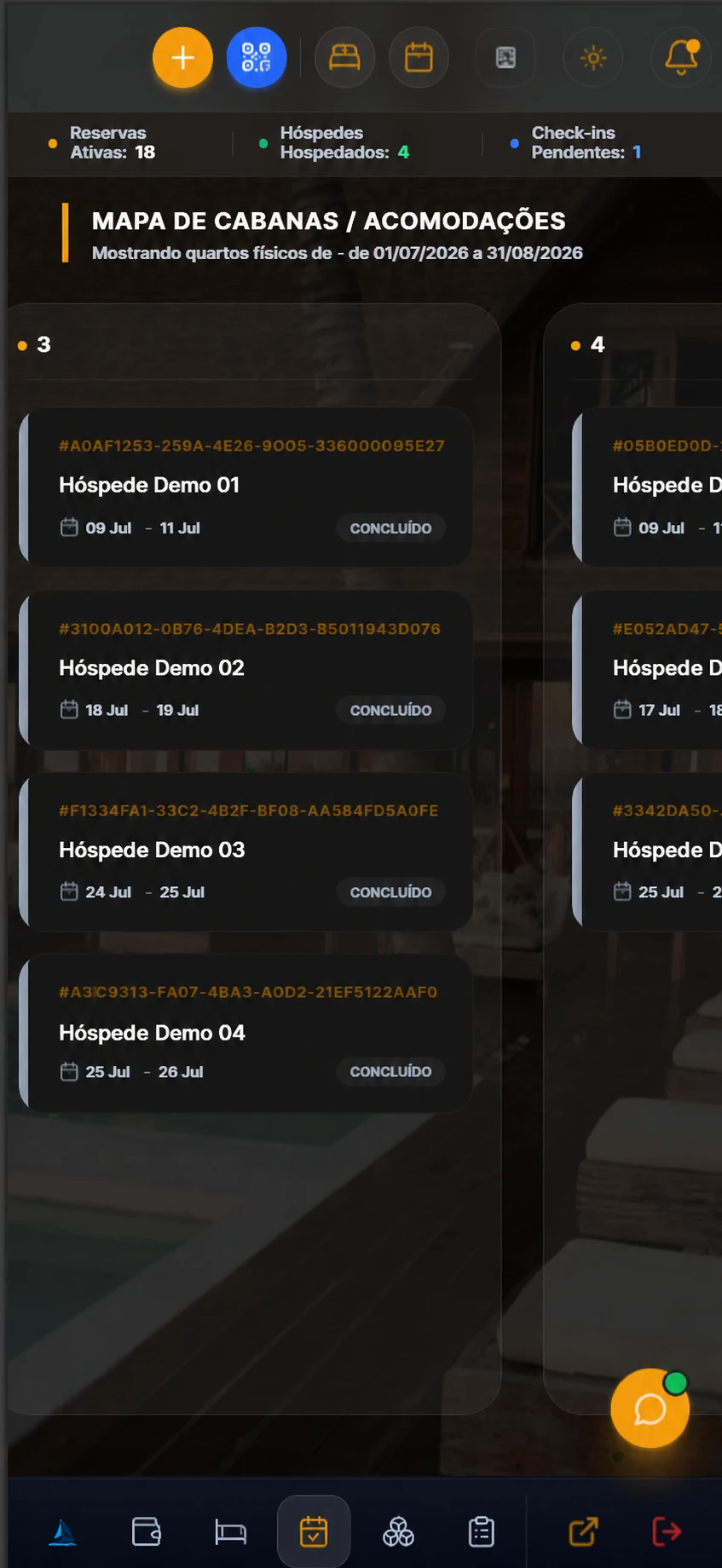 Motor de reservas do Naviê Hospedagens em uma tela de celular com dados demonstrativos